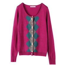 茵曼2012冬装新款 撞色菱形格子圆领针织小外套，罗兰紫的优雅魅力